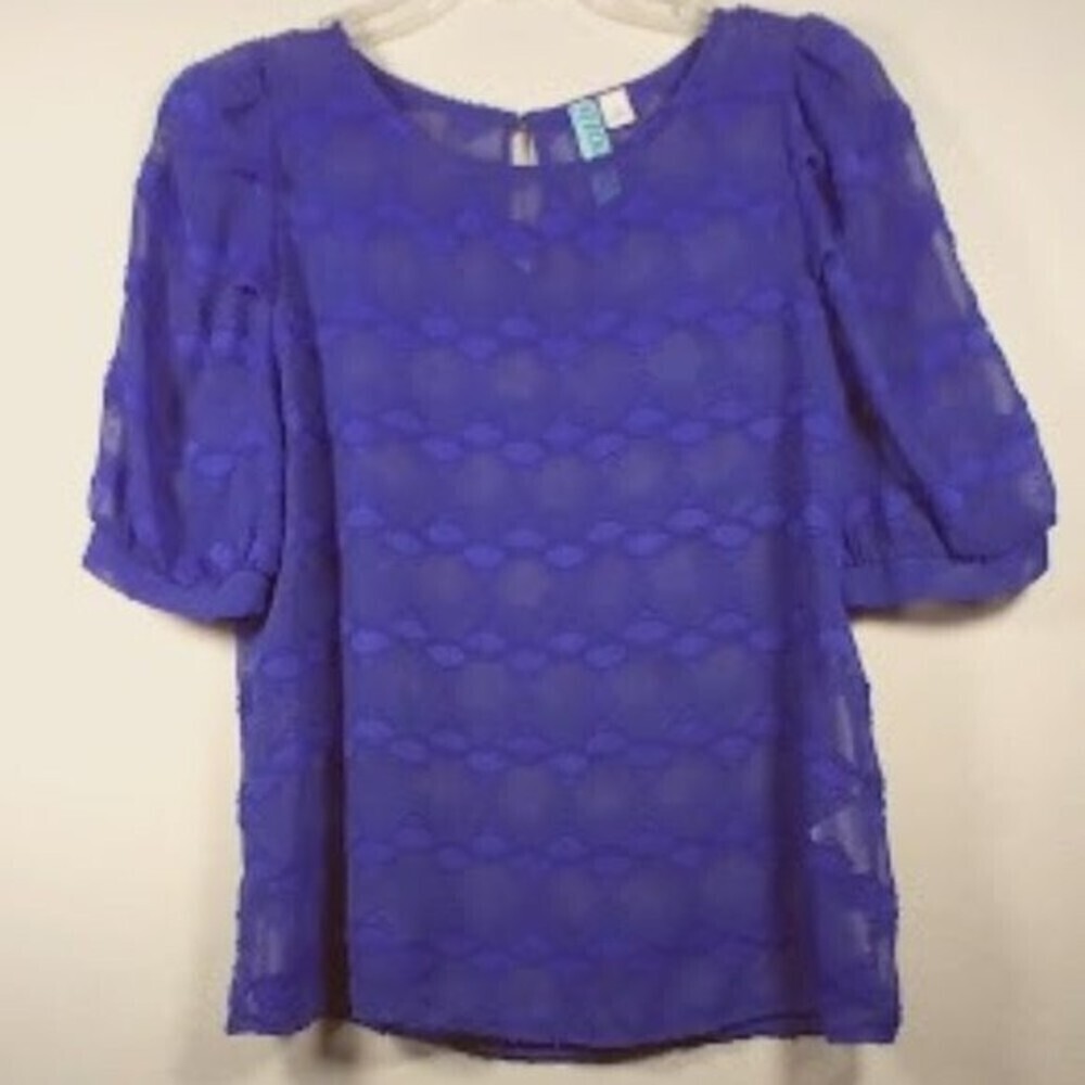 Aina Be Semi Sheer Royal Blue Short Sleeve Peasant Style Blouse Size:S